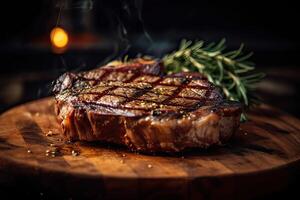 gegrild biefstuk rundvlees steak geserveerd Aan houten bord met rozemarijn, gegrild knoflook, vork en mes Aan houten tafel. generatief ai. foto