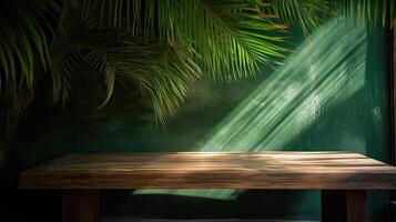 houten tafel voor tonen Product Scherm en presentatie, zomer en palm bladeren achtergrond, kopiëren ruimte. generatief ai. foto