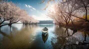 toeristen roeien boten Aan een meer onder mooi kers bloesem bomen. generatief ai. foto
