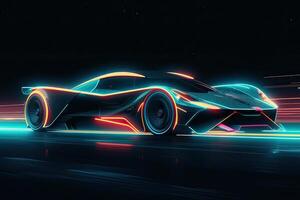 futuristische sport- auto Aan neon snelweg. krachtig versnelling van een supercar Aan een nacht bijhouden met kleurrijk lichten en paden. 3d illustratie. generatief ai. foto