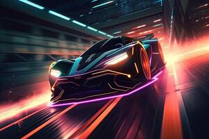 futuristische sport- auto Aan neon snelweg. krachtig versnelling van een supercar Aan een nacht bijhouden met kleurrijk lichten en paden. 3d illustratie. generatief ai. foto