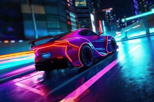 futuristische sport- auto Aan neon snelweg. krachtig versnelling van een supercar Aan een nacht bijhouden met kleurrijk lichten en paden. 3d illustratie. generatief ai. foto