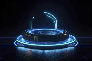 portaal en hologram futuristische neon kleur cirkel elementen. standaard- podium of studio futuristische voetstuk ronde platform toonzaal. cirkel stadium en blauw neon licht. wetenschap fictie 3d illustratie foto