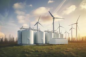 groen waterstof hernieuwbaar energie productie faciliteit - groen waterstof gas- voor schoon elektriciteit zonne- en windturbine faciliteit foto