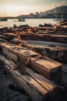 oud houten pier Aan de strand Bij zonsondergang. selectief focus foto