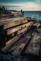 oud houten pier Aan de strand Bij zonsondergang. selectief focus foto