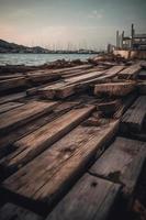 oud houten pier Aan de strand Bij zonsondergang. selectief focus foto