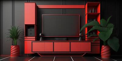 TV kabinet met rood en zwart modern minimaal interieur ontwerp. minimalistische interieur 3d veroorzaken. generatief ai. foto
