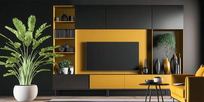 TV kabinet met geel en zwart modern minimaal interieur ontwerp. minimalistische interieur 3d veroorzaken. generatief ai. foto