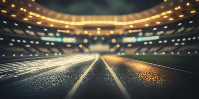 Amerikaans voetbal stadion Aan regenachtig nacht. kantelen verschuiving onscherp foto van voetbal stadion achtergrond. generatief ai illustratie.