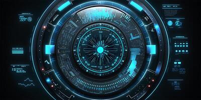 futuristische hud cirkel technologie concept achtergrond. circulaire virtueel hud element van gegevens, opslag, wolk berekenen en cyber veiligheid systeem. generatief ai illustratie. foto