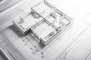 bouwkundig plan Aan wit papier. technisch project van leven kamer. tekening voor bouw. gemaakt met generatief ai foto