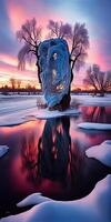 mooi buitenaards besneeuwd glaciaal landschap rood boom. ai gegenereerd. foto