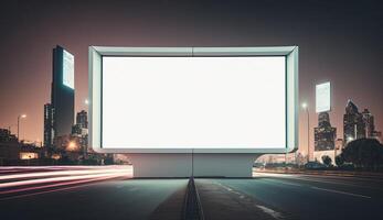 futuristische stad met wit blanco aanplakbord, nacht visie foto