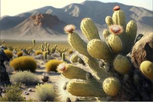 landschap met cactussen en woestijn in de achtergrond. digitaal illustratie ai foto