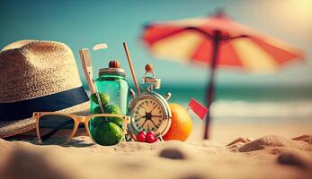 tropisch strand met zonnen accessoires, zonnebril, zomer vakantie concept achtergrond foto