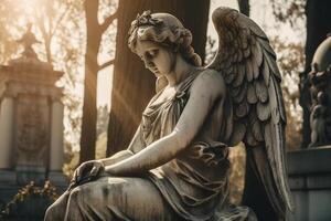 wit beeldhouwwerk van een engel in de begraafplaats. ai gegenereerd foto