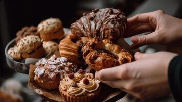 handen houden vers gebakjes en zoet broodjes generatief ai foto