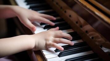 kind handen aan het leren naar Speel de piano, muziek- school- generatief ai foto