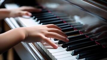 kind handen aan het leren naar Speel de piano, muziek- school- generatief ai foto