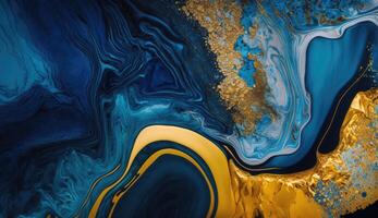 goud en marine blauw marmeren abstract achtergrond, waterverf verf structuur foto