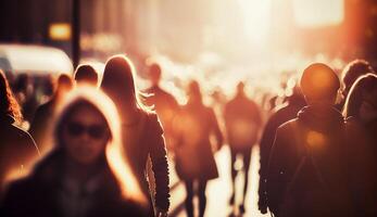 menigte van mensen wandelen in de straat met zacht bokeh, snel in beweging in stad, generatief ai foto