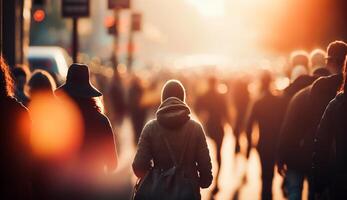 menigte van mensen wandelen in de straat met zacht bokeh, snel in beweging in stad, generatief ai foto