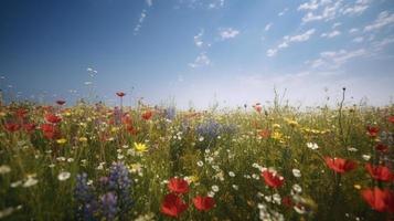 kleurrijk bloemen in een weide Aan een zonnig zomer dag, mooi weide met klaprozen en andere wilde bloemen foto