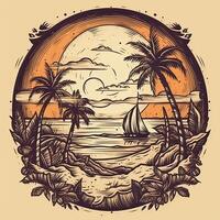 illustratie van tropisch landschap met palm bomen, oceaan en berg. tekenfilm vlak panoramisch landschap, zonsondergang met de palmen kunst retro stijl illustratie. generatief ai. foto