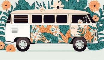 klassiek busje auto met modern kleurrijk tropisch bloemen patroon. hand- getrokken illustratie, generatief ai foto