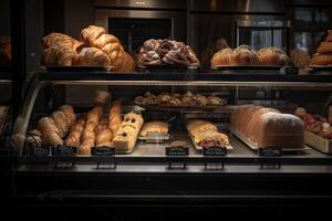 bakkerij interieur met Scherm tellers vol van heerlijk brood en gebakjes. winkel een patisserie of bakkerij met croissants, appel taarten, wafels, en churro's. vers gebakken gebakjes. generatief ai foto