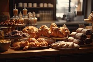 bakkerij interieur met Scherm tellers vol van heerlijk brood en gebakjes. winkel een patisserie of bakkerij met croissants, appel taarten, wafels, en churro's. vers gebakken gebakjes. generatief ai foto