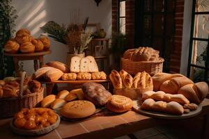 bakkerij interieur met Scherm tellers vol van heerlijk brood en gebakjes. winkel een patisserie of bakkerij met croissants, appel taarten, wafels, en churro's. vers gebakken gebakjes. generatief ai foto