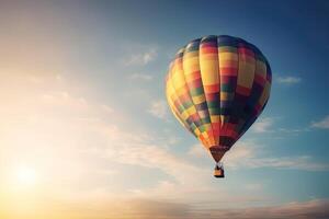 kleurrijk heet lucht ballon vliegend Aan lucht Bij zonsondergang. reizen en lucht vervoer concept. generatief ai. foto