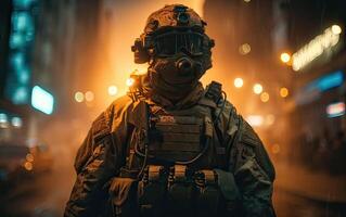 professioneel soldaat gekleed in beschermend uniform tegen brand. soldaat in uniform van speciaal krachten in een gevaarlijk leger actie in een gevaarlijk vijand Oppervlakte. niet bestaand persoon. generatief ai. foto