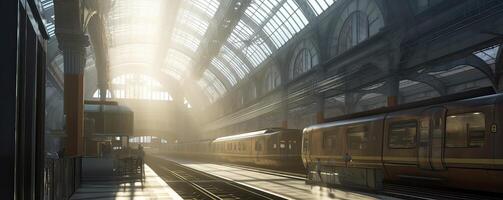 futuristische trein vervoer infrastructuur panorama, mensen aan het wachten voor trein Aan spoorweg station, locomotief Actie, voetganger brug, modern stad Aan achtergrond, bedrijf gebouwen. generatief ai. foto