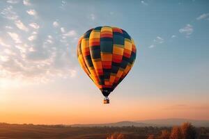 kleurrijk heet lucht ballon vliegend Aan lucht Bij zonsondergang. reizen en lucht vervoer concept. generatief ai. foto