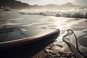 surfboard Aan de strand met strand teken voor surfing Oppervlakte. reizen avontuur en water sport. ontspanning en zomer vakantie concept. wijnoogst kleur toon afbeelding. generatief ai foto