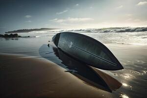 surfboard Aan de strand met strand teken voor surfing Oppervlakte. reizen avontuur en water sport. ontspanning en zomer vakantie concept. wijnoogst kleur toon afbeelding. generatief ai foto