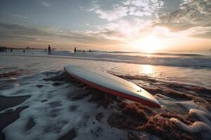 surfboard Aan de strand met strand teken voor surfing Oppervlakte. reizen avontuur en water sport. ontspanning en zomer vakantie concept. wijnoogst kleur toon afbeelding. generatief ai foto