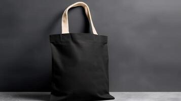 generatief ai, realistisch zwart tote canvas kleding stof zak opstelling in Bij huis interieur, mok bespotten omhoog blanco. foto