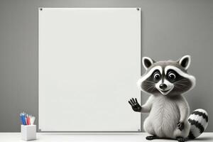 ai gegenereerd 3d schattig wasbeer tekenfilm staand naast blanco whiteboard. foto