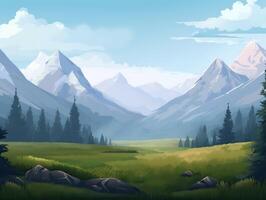 illustratie van vlak zomer tekenfilm landschap. velden met bomen en bergen in de achtergrond. generatief ai. foto