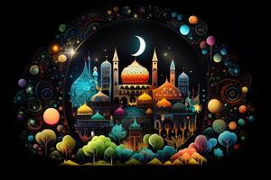 eid mubarak groet fantasie kaart ontwerp met 3d geven moskee. illustratie ontwerp door generatief ai. foto