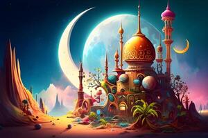 eid mubarak groet fantasie kaart ontwerp met 3d geven moskee. illustratie ontwerp door generatief ai. foto