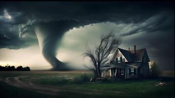 razernij tornado storm wolken over- de stad illustratie ontwerp. generatief ai. foto