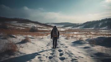 wandelaar met rugzak wandelen Aan besneeuwd spoor in winter bergen. reizen en avontuur concept.winter landschap foto