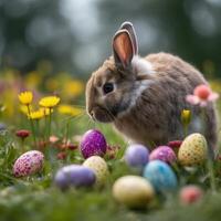 Pasen schattig konijn zit met eieren Aan de achtergrond van voorjaar natuur. gemaakt met generatief ai. foto