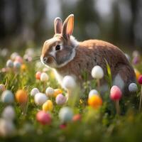 Pasen schattig konijn zit met eieren Aan de achtergrond van voorjaar natuur. gemaakt met generatief ai. foto