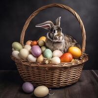Pasen schattig konijn zittend met mand van gekleurde eieren Aan achtergrond van voorjaar natuur. gemaakt met generatief ai. foto